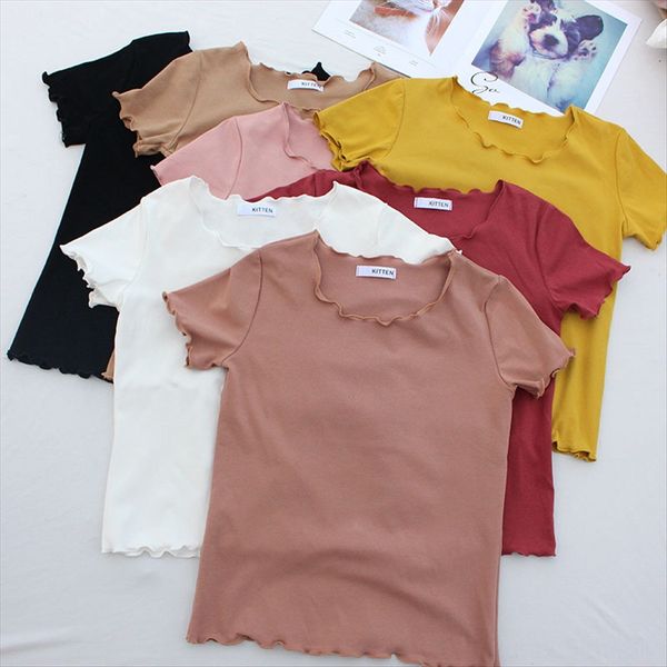 ins super wooden ear solid color round collar short slim t-shirt women's short sleeve base top, White 
ins super wooden ear solid color round collar short slim t-shirt women's short sleeve base top, White