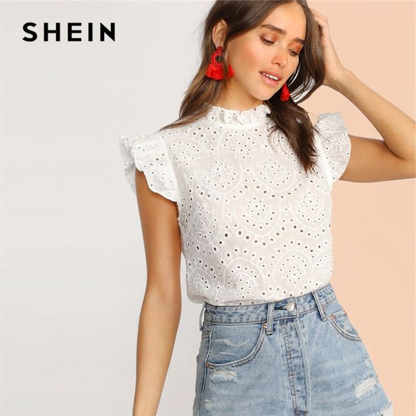 

shein mock-neck ruffle trim embroidery eyelet boho white pink solid sleeveless stand collar blouse women and blouses