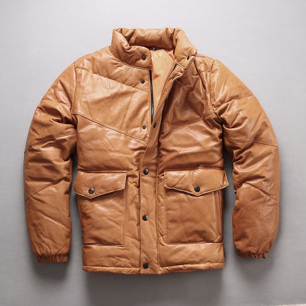 jacket avfly genuine stand collar short thick vegetable tanning goatskin leather down coat for men yellow green, Black
jacket avfly genuine stand collar short thick vegetable tanning goatskin leather down coat for men yellow green, Black
