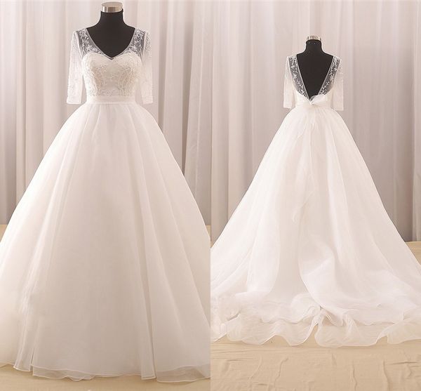 pearls beading wedding dresses ball gowns with sleeves v-neck v open back organza train bridal dress country wedding gowns 2019, White
pearls beading wedding dresses ball gowns with sleeves v-neck v open back organza train bridal dress country wedding gowns 2019, White