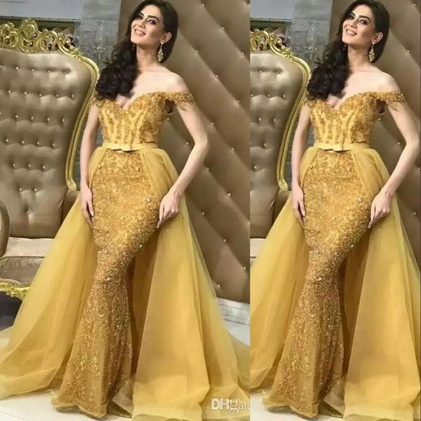 luxurious gold mermaid evening dresses wear off shoulder lace appliques crystal beads backless tulle with detachable train prom party gowns, Black;red
luxurious gold mermaid evening dresses wear off shoulder lace appliques crystal beads backless tulle with detachable train prom party gowns, Black;red
