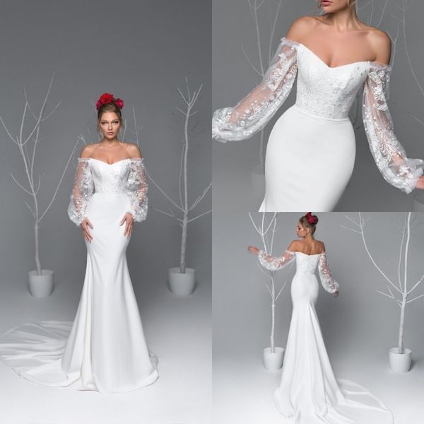 eva lendel 2020 mermaid satin wedding dresses long sleeve off the shoulder bridal gowns sweep train country garden wedding dress, White
eva lendel 2020 mermaid satin wedding dresses long sleeve off the shoulder bridal gowns sweep train country garden wedding dress, White