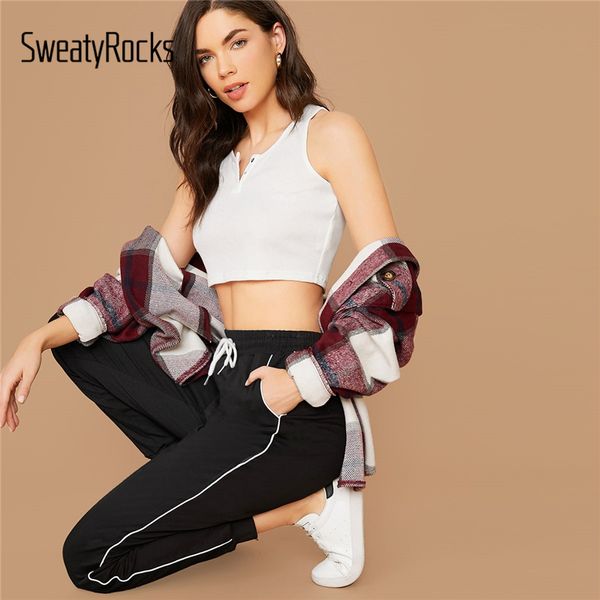 sweatyrocks black drawstring waist contrast binding joggers active wear sweatpant 2019 fall women casual high waist sweatpant, Black;white
sweatyrocks black drawstring waist contrast binding joggers active wear sweatpant 2019 fall women casual high waist sweatpant, Black;white