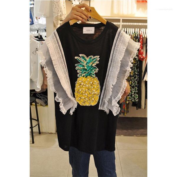 female blouses short sleeve pullover casual ladies tees sequins beads summer womens tshirts piping burrs pineapple fashion, White
female blouses short sleeve pullover casual ladies tees sequins beads summer womens tshirts piping burrs pineapple fashion, White
