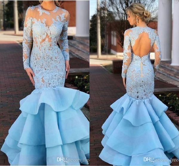 light sky blue lace mermaid prom dresses wth long sleeve 2019 modest jewel keyhole back fishtail ruffles skirt evening gowns, Black
light sky blue lace mermaid prom dresses wth long sleeve 2019 modest jewel keyhole back fishtail ruffles skirt evening gowns, Black
