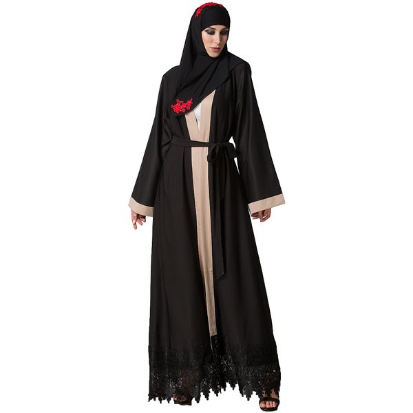 women plus size muslim cardigan spliced crochet lace hem long sleeve islamic abaya maxi dress outwear black muslim clothing 2019, Black;gray
women plus size muslim cardigan spliced crochet lace hem long sleeve islamic abaya maxi dress outwear black muslim clothing 2019, Black;gray