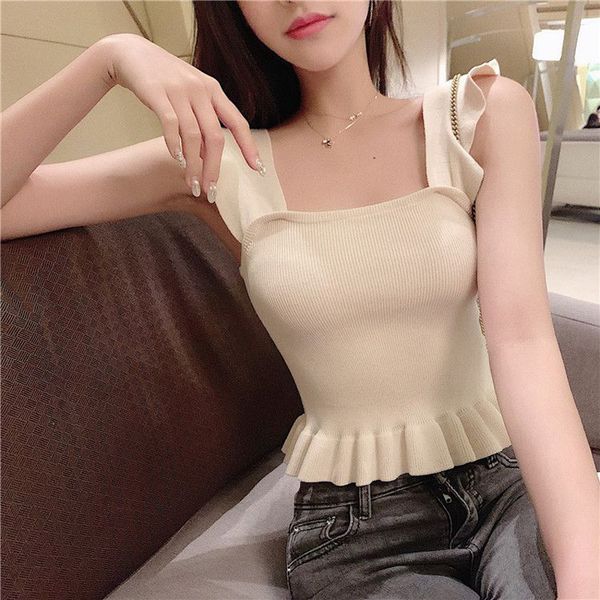 female summer slim sweet solid color ruffle edge short design suspender vest women knitted girl sleeveless shirt, White
female summer slim sweet solid color ruffle edge short design suspender vest women knitted girl sleeveless shirt, White