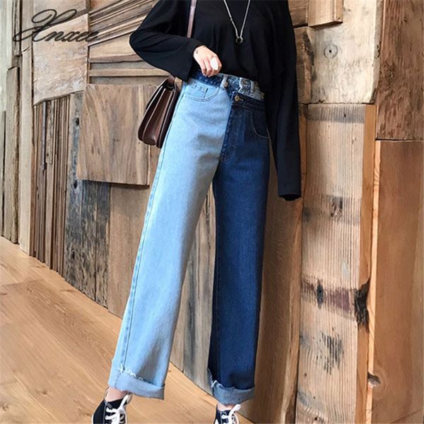 2019 new fashion female pants panelled spliced wide leg pants high waist ankle-length loose jeans, Blue
2019 new fashion female pants panelled spliced wide leg pants high waist ankle-length loose jeans, Blue