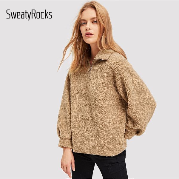 

sweatyrock khaki zip half placket teddy sweatshirts streetwear stand collar 2018 autumn winter women casual sweatshirts, Black