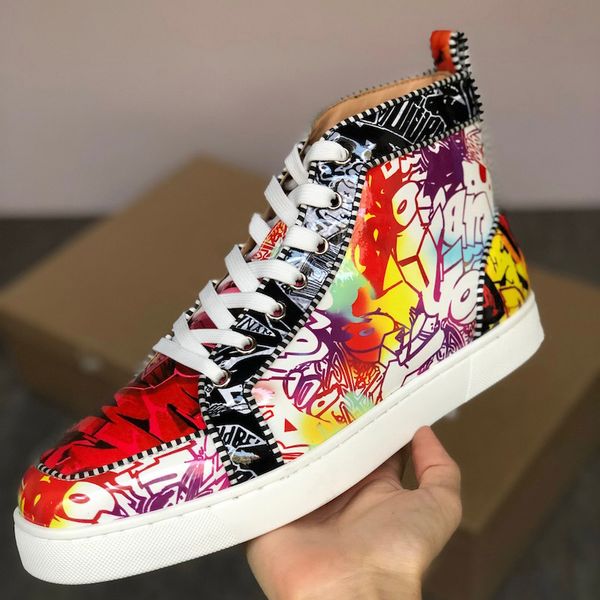 red bottom junior spikes men's flat shoes high sneaker multi-colored patent luxury party shoes high lace-up casual shoes, Black
red bottom junior spikes men's flat shoes high sneaker multi-colored patent luxury party shoes high lace-up casual shoes, Black