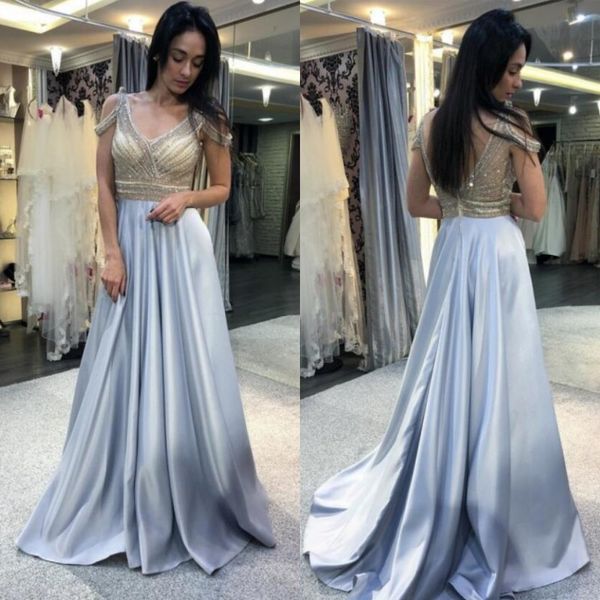 charming a line v neck cold shoulder sweep train light blue prom dress with beading satin backless evening formal dresses, Black
charming a line v neck cold shoulder sweep train light blue prom dress with beading satin backless evening formal dresses, Black