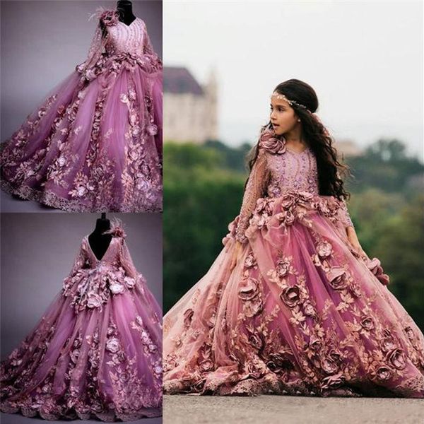 

2019 Vintage 3D Flora Flowers Ball Gown Girl Pageant Dresses Sheer Long Sleeve Appliques Floor Length Kids Toddler Pageant Evening Gown