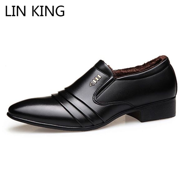 

lin king new men winter casual oxfords shoes warm plush slip on business dress shoes low pointed toe formal for male, Black