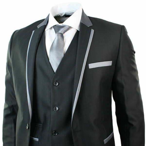 2020 shiny black mens suits 3 piece 1 button costume homme grey trim fitted wedding party prom suit, White;black
2020 shiny black mens suits 3 piece 1 button costume homme grey trim fitted wedding party prom suit, White;black