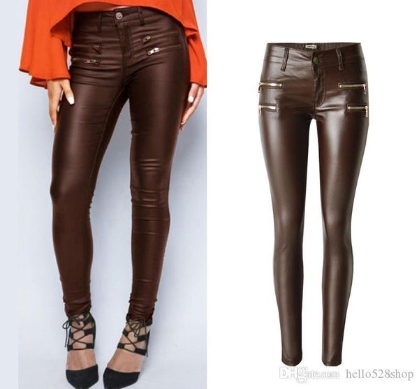women's brown pu leather low waist elastic pants double zipper design coated trousers plus size, Black;white
women's brown pu leather low waist elastic pants double zipper design coated trousers plus size, Black;white