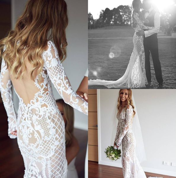 romantic 2019 mermaid wedding dresses long sleeves v neck backless lace bridal gowns plus size illusion country wedding dress custom, White
romantic 2019 mermaid wedding dresses long sleeves v neck backless lace bridal gowns plus size illusion country wedding dress custom, White
