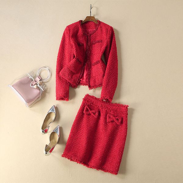 european and american women's clothing 2019 winter new style long sleeve coat bow skirt fashionable red tweed suit, White
european and american women's clothing 2019 winter new style long sleeve coat bow skirt fashionable red tweed suit, White