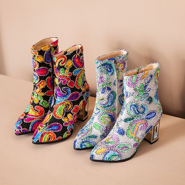 fashion woman bird cage high heel colorful totem embroidery weaving ankle boots rhinestones bird cage heel woman short boots, Black
fashion woman bird cage high heel colorful totem embroidery weaving ankle boots rhinestones bird cage heel woman short boots, Black