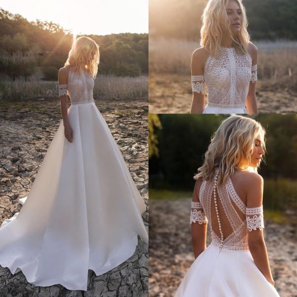 2020 crew neck satin a line wedding dresses tulle lace applique floor length a line summer beach wedding bridal gowns with buttons bc2819, White
2020 crew neck satin a line wedding dresses tulle lace applique floor length a line summer beach wedding bridal gowns with buttons bc2819, White