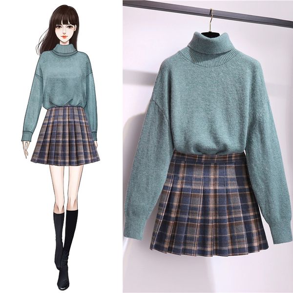 fall and winter new loose high-necked pullover sweater fashionable sweater grid pleated skirt outfit 2 pcs clothing set knitwear, White
fall and winter new loose high-necked pullover sweater fashionable sweater grid pleated skirt outfit 2 pcs clothing set knitwear, White