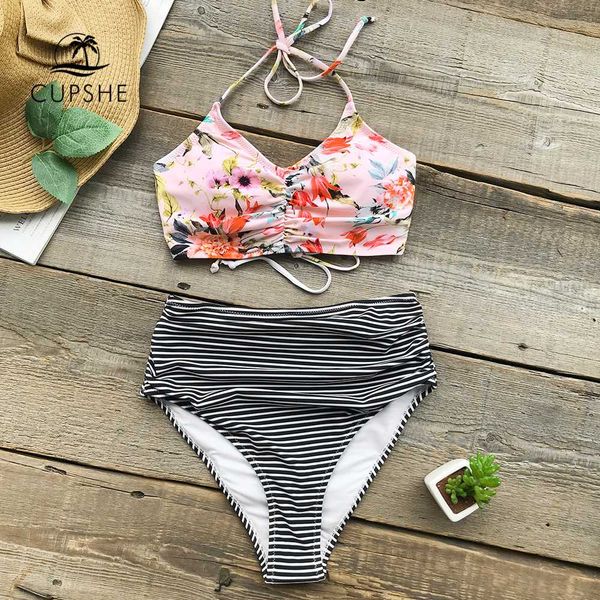 cupshe flower print tank bikini set women lace up high waisted striped two piece swimwear 2019 beach new shirring bath swimsuits