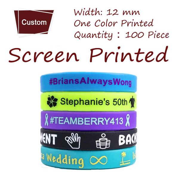 100pcs 12mm width silk print one color printed silicone bracelets custom screen printed wristband for promotion gift, Golden;silver
100pcs 12mm width silk print one color printed silicone bracelets custom screen printed wristband for promotion gift, Golden;silver