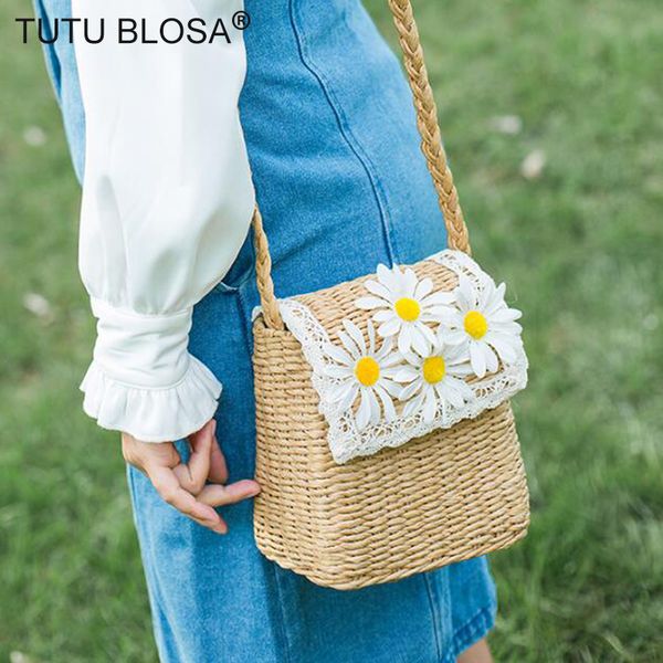 fashion little daisies flowers straw bag women crossbody shoulder bag natural straw mini casual purse girls lace beach