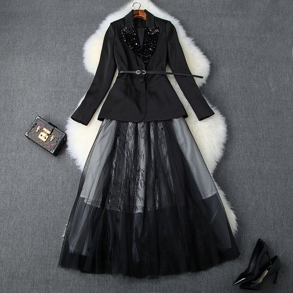 skirt suits office lady 2019 women's autumn and winter new sequins single button slim waist small jacket + mesh skirt 2 pcs set, White;black
skirt suits office lady 2019 women's autumn and winter new sequins single button slim waist small jacket + mesh skirt 2 pcs set, White;black