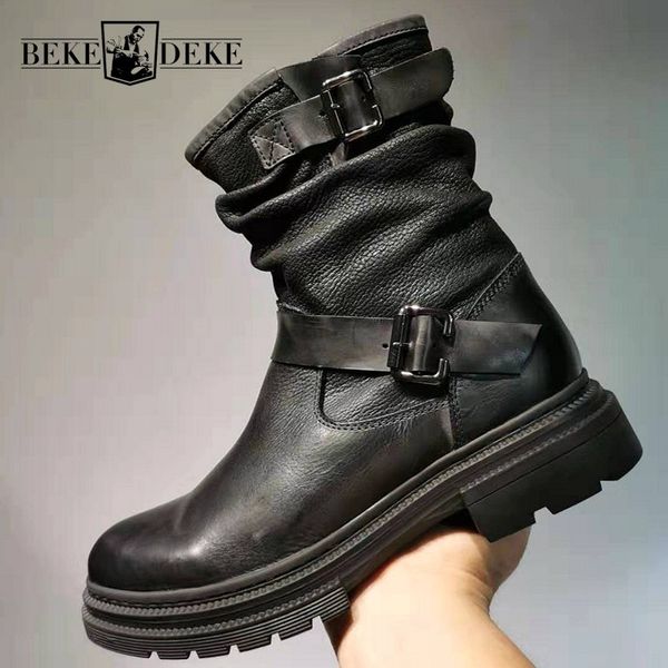 retro winter british genuine leather mens mid calf boots belt buckle zipper round toe thick bottom male safety high boots, Black
retro winter british genuine leather mens mid calf boots belt buckle zipper round toe thick bottom male safety high boots, Black