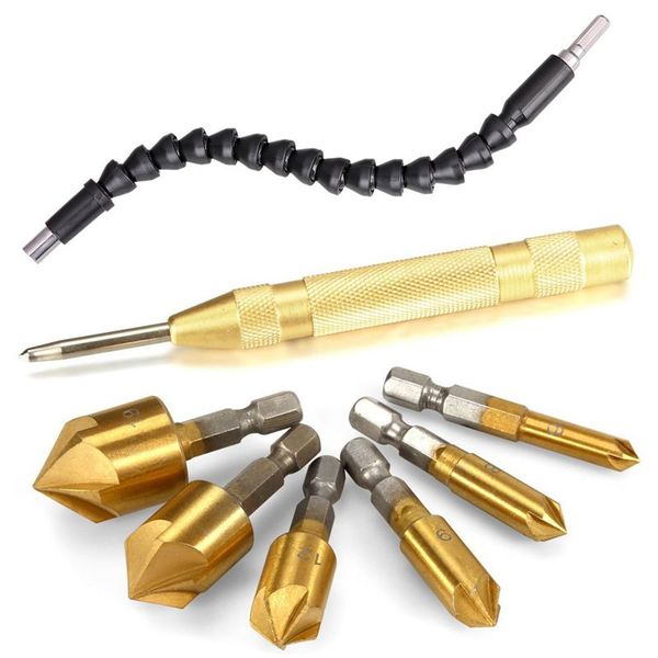 countersink drill bits center punch tool set, automatic punch + hex shank five-blade chamfering drill bit + flexible extentional
countersink drill bits center punch tool set, automatic punch + hex shank five-blade chamfering drill bit + flexible extentional