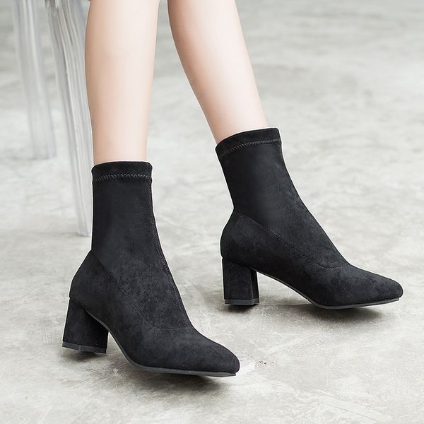 new style suede leather boot round-toe chunky heel casual short boots women's chunky-heel stretch fabric boots, Black
new style suede leather boot round-toe chunky heel casual short boots women's chunky-heel stretch fabric boots, Black