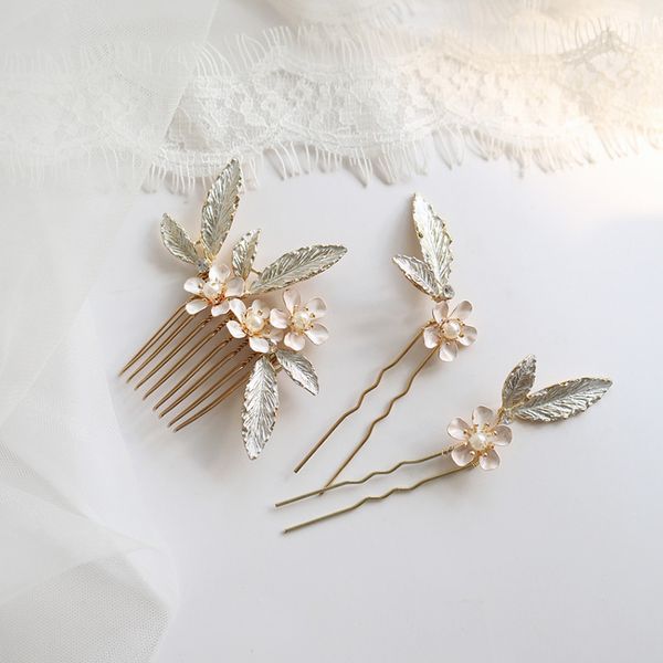 gold enamel leaf flower bridal hair comb pin women wedding accessories baby shower jewelry, Golden;white 
gold enamel leaf flower bridal hair comb pin women wedding accessories baby shower jewelry, Golden;white