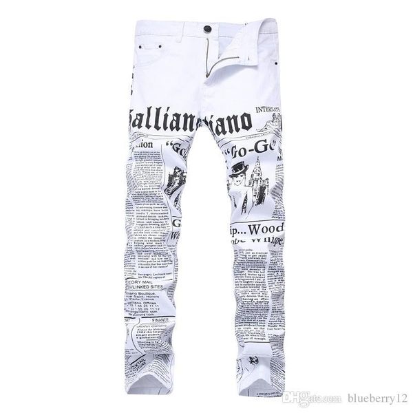 men jeans robin style pants english newspaper printed cotton high elastic casual demin pants for sales, Blue
men jeans robin style pants english newspaper printed cotton high elastic casual demin pants for sales, Blue