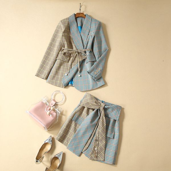 autumn 2019 new european and american women's wear long sleeve belt jacket lace-up skirt fashion plaid suit, White
autumn 2019 new european and american women's wear long sleeve belt jacket lace-up skirt fashion plaid suit, White