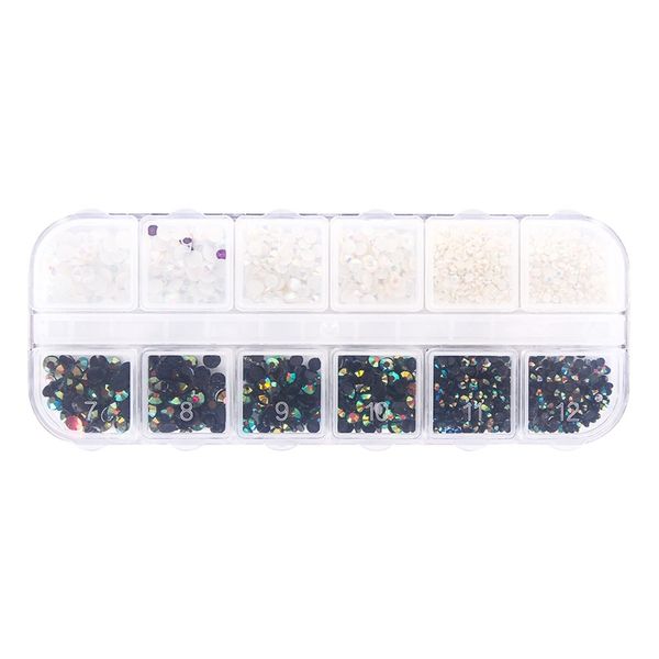 

12 grid mixed style nail art drill ab nail polish resin flat black and white rivet studs 3d diy charm decoration accessories, Silver;gold