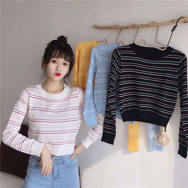 women sweater striped knitted pullover slim sweater casual fashion long sleeve short, White;black
women sweater striped knitted pullover slim sweater casual fashion long sleeve short, White;black