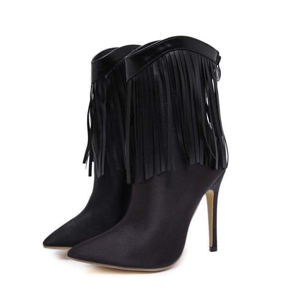 fashion women black satin shoes long tassel boots pointed high heel ankle booties winter boots designer shoes
fashion women black satin shoes long tassel boots pointed high heel ankle booties winter boots designer shoes