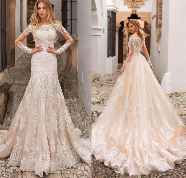 2019 champagne mermaid wedding dresses off shoulder lace appliques sheer long sleeves tulle long bridal gowns, White
2019 champagne mermaid wedding dresses off shoulder lace appliques sheer long sleeves tulle long bridal gowns, White