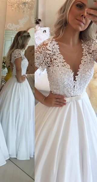 romantic lace long wedding gown dresses deep v neck with short sleeves pearls beaded sequins satin wedding bridal gowns vestido de novia, White
romantic lace long wedding gown dresses deep v neck with short sleeves pearls beaded sequins satin wedding bridal gowns vestido de novia, White