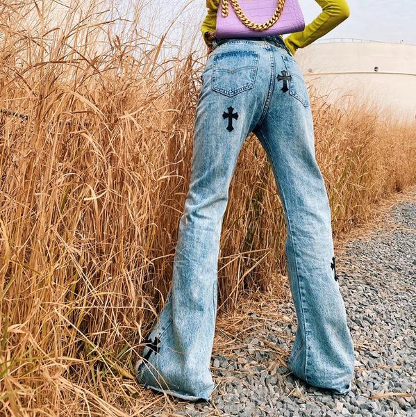 women flare cross high waist jeans, Blue
