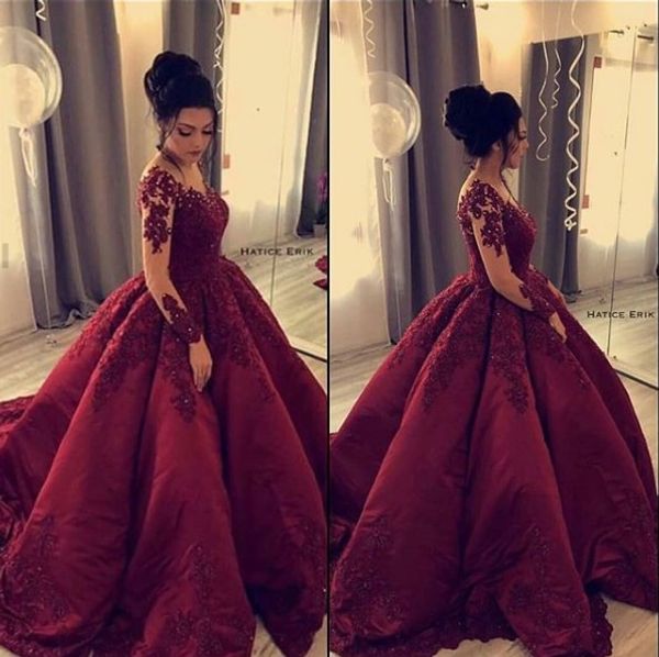 burgundy lace beaded arabic evening dresses long sleeves ball gown satin prom dresses vintage elegant formal party bridesmaid gowns, Black;red
burgundy lace beaded arabic evening dresses long sleeves ball gown satin prom dresses vintage elegant formal party bridesmaid gowns, Black;red