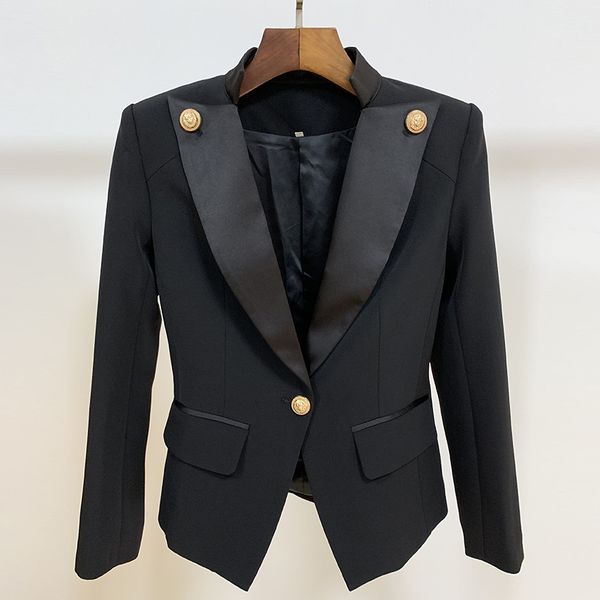 high street new 2019 designer stylish blazer women's single button lion button embellished satin collar blazer jacket, White;black
high street new 2019 designer stylish blazer women's single button lion button embellished satin collar blazer jacket, White;black