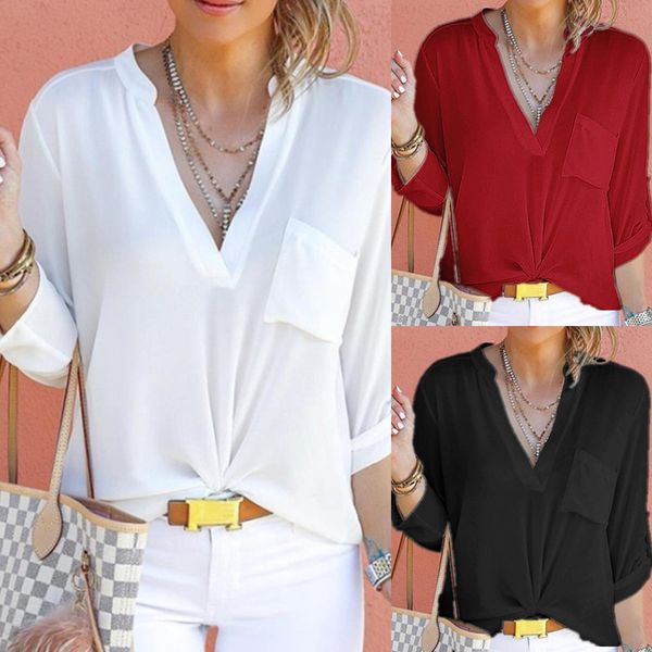 women blouses 2019 v-neck chiffon pocket shirt soild color long sleeve loose shirt blusas femininas size s to 5xl, White
women blouses 2019 v-neck chiffon pocket shirt soild color long sleeve loose shirt blusas femininas size s to 5xl, White