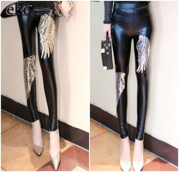 high waist legging women pants womens leggings gold silver angel wings sequined pencil leggings for women pu leather pants, Black 
high waist legging women pants womens leggings gold silver angel wings sequined pencil leggings for women pu leather pants, Black