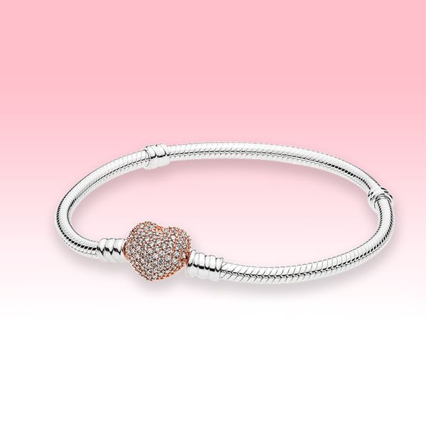 rose gold plated hearts charms bracelet women wedding jewelry for pandora moments pavé heart clasp snake chain bracelet with original box, Black 
rose gold plated hearts charms bracelet women wedding jewelry for pandora moments pavé heart clasp snake chain bracelet with original box, Black