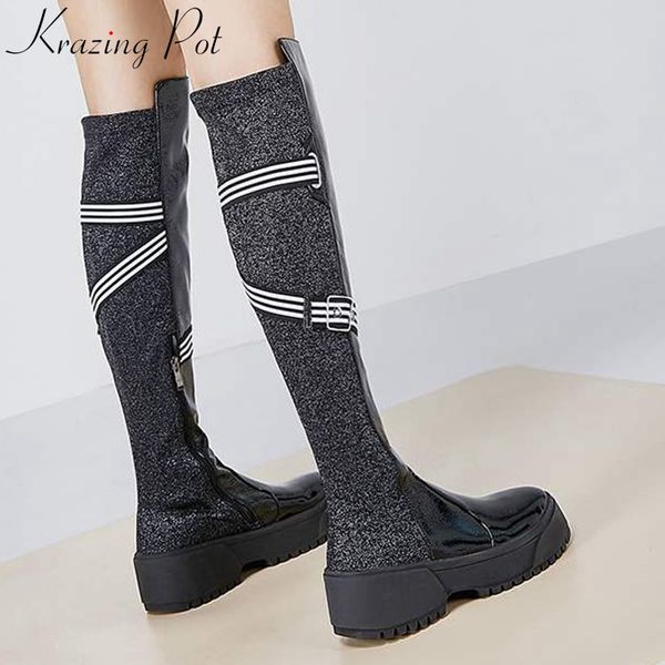 krazing pot new natural cow leather metal buckle round toe keep warm long boots thick bottom runway stretch thigh high boots l77, Black
krazing pot new natural cow leather metal buckle round toe keep warm long boots thick bottom runway stretch thigh high boots l77, Black