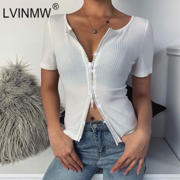 lvinmw front zipper short sleeve round neck 2020 summer women rib knitted casual elastic fashion t shirt street, White
lvinmw front zipper short sleeve round neck 2020 summer women rib knitted casual elastic fashion t shirt street, White