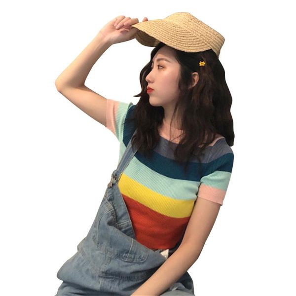 women's t-shirt women chic rainbow stripe crop short sleeve leisure fashionable comfortable summer female casual tee, White
women's t-shirt women chic rainbow stripe crop short sleeve leisure fashionable comfortable summer female casual tee, White