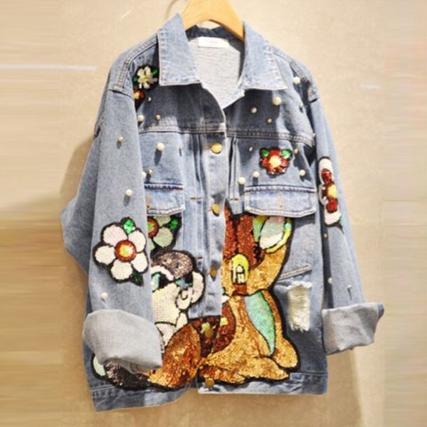 taotrees autumn cartoon sequins embroidery single breasted long sleeve casual denim jacket, Black;brown
taotrees autumn cartoon sequins embroidery single breasted long sleeve casual denim jacket, Black;brown
