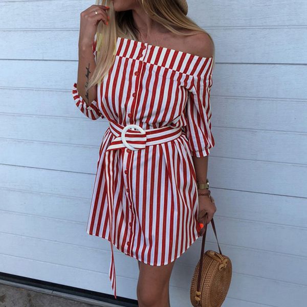 women stripe mini dress button dress shirt off shoulder striped vestido half sleeve dresses belt summer vestidos, Black;gray
women stripe mini dress button dress shirt off shoulder striped vestido half sleeve dresses belt summer vestidos, Black;gray